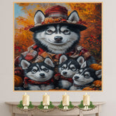 Autumn Breeze: Siberian Husky Mom and Her Three Puppies in a Fall Landscape on Ready to Hang 1.5" Thick Canvas Wrap, Floating Framed Canvas, Flat Rolled Canvas